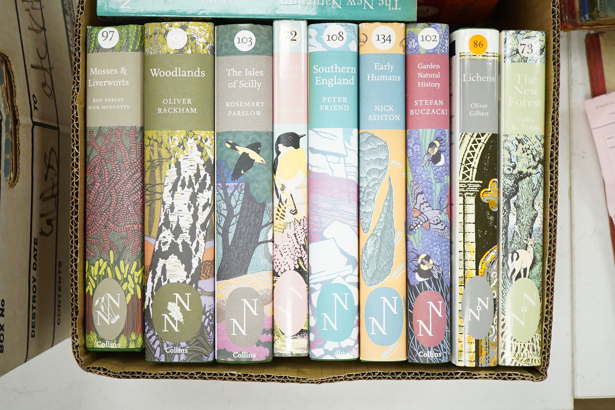 Collins New Naturalist series - the following titles: Heathlands (Webb, no.72); The New Forest (Tubbs, 73); Lichens (Gilbert, 86); Mosses and Liverworts (Porley & Hodgetts,97); Woodlands (Rackham,100); Garden Natural His